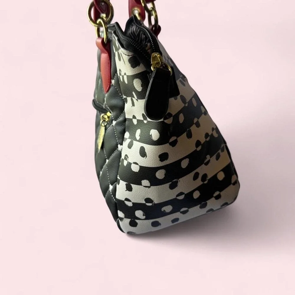 Luv Betsey Johnson Quilted Heart Satchel Bag Black White Red Polka Dot Striped